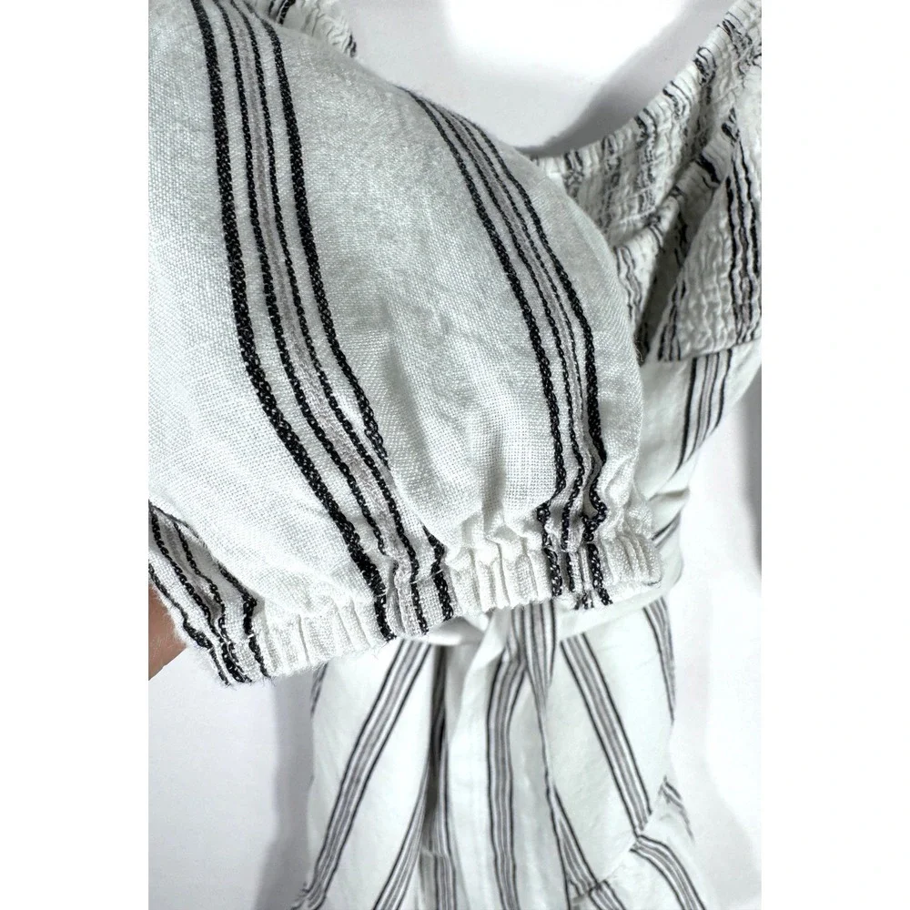 Sugar Lips Striped Linen Smocked Cottagecore Ruffle Mini Dress Approx. Med‎